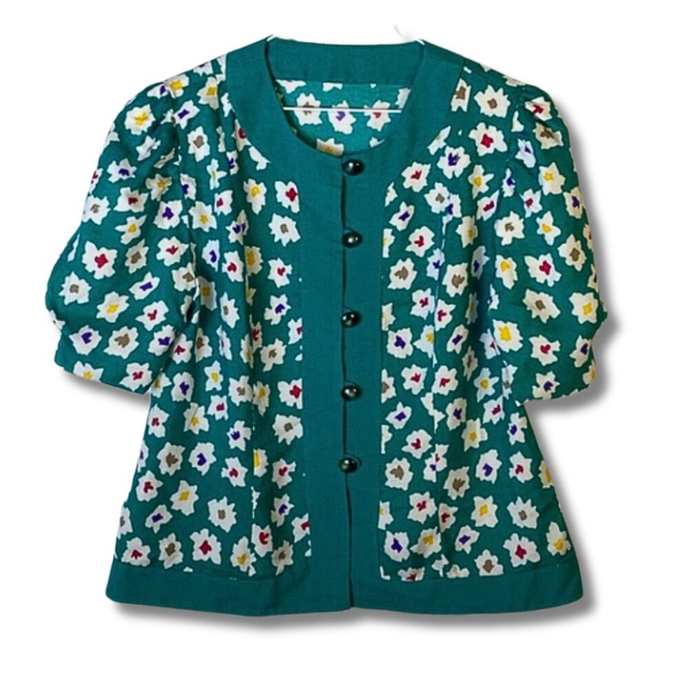 Vintage 90s Style Green and Multicolor Print Button Up Blouse